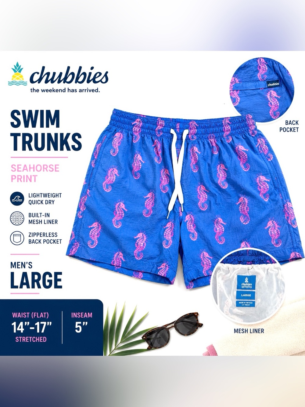 Chubbies Men’s Large Blue Pink Seahorse Swim Trunks 5.5” Inseam Lined